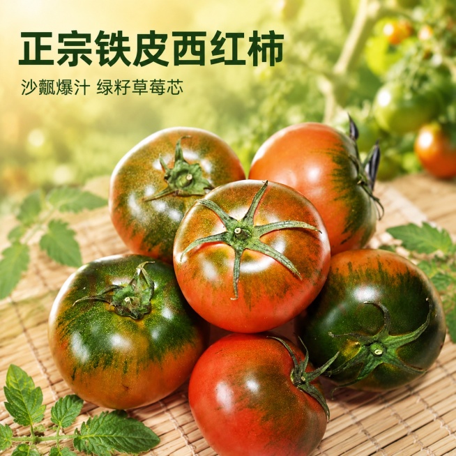 「图片1」，生成一套主图（5张），商品名称是正宗铁皮西红柿新鲜直发沙瓤爆汁番茄绿籽草莓芯，适配淘宝/天猫平台，主图比例为1:1预览效果
