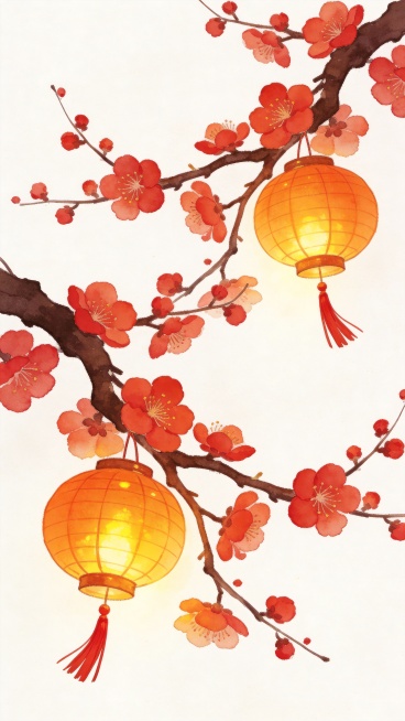 中国传统节日氛围的复古风格插画，画面以纯净的白色为背景，营造出热闹喜庆的节日景象。主色调为温暖的红色和橙色，搭配深棕色的梅枝，色彩和谐统一。画面中央是几枝遒劲的梅枝，枝干上点缀着盛开的红色梅花，花瓣层预览效果