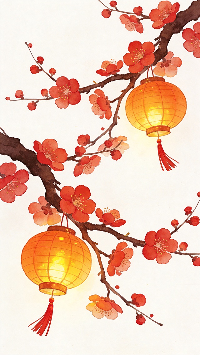 中国传统节日氛围的复古风格插画，画面以纯净的白色为背景，营造出热闹喜庆的节日景象。主色调为温暖的红色和橙色，搭配深棕色的梅枝，色彩和谐统一。画面中央是几枝遒劲的梅枝，枝干上点缀着盛开的红色梅花，花瓣层次分明，边缘带有柔和的晕染效果。梅枝上悬挂着两个橙黄色的灯笼，灯笼内部透出温暖的黄色光芒，照亮了周围的花瓣和枝干，光影过渡自然柔和。灯笼下方垂着红色的流苏，随风轻轻飘动，增添了画面的动感。整体构图采用不对称平衡，梅枝从右上角延伸至左下角，灯笼悬挂在枝干的不同位置，形成自然的视觉引导线。水彩特有的透明质感和柔和笔触贯穿整个画面，梅花的红色与灯笼的橙黄色相互呼应，共同营造出热闹、喜庆、温馨的节日氛围，适合作为节日主题的背景图使用。