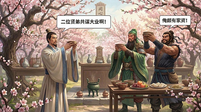 将当前右下角的桌子移动到画面正中间，放置在三个人物之间，保留原本画面所有其他元素（桃园三结义的三个人物、樱花树木、供桌香炉、文字对话框等都保持不变），桌子最终位置在画面中间三人之间
