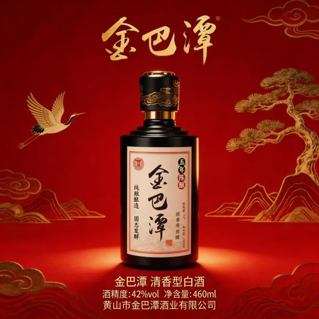 金巴潭42°清香型白酒，保持瓶身原有文字和Logo原样，保持主体物理结构不变，强制保留黑色磨砂瓶身。金巴潭白酒瓶整体置于画面正中央，背景为深红色底，搭配金色中式祥云、仙鹤、迎客松、山峦元素，顶部金色书预览效果