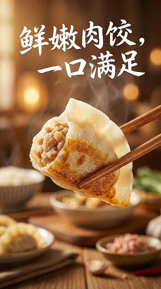 将图中的肉饺制作成美食宣传海报，添加温馨暖光背景，搭配文案“鲜嫩肉饺，一口满足”，突出饺子的饱满质感