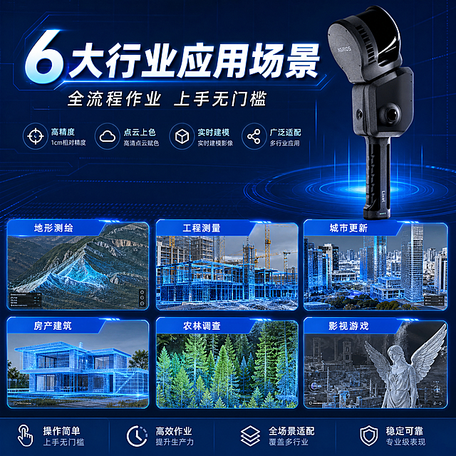 赛博朋克风3D视觉设计，融合霓虹蓝光与金属质感，展现虚拟现实测绘场景，科技感十足，突出未来感与高精度应用。