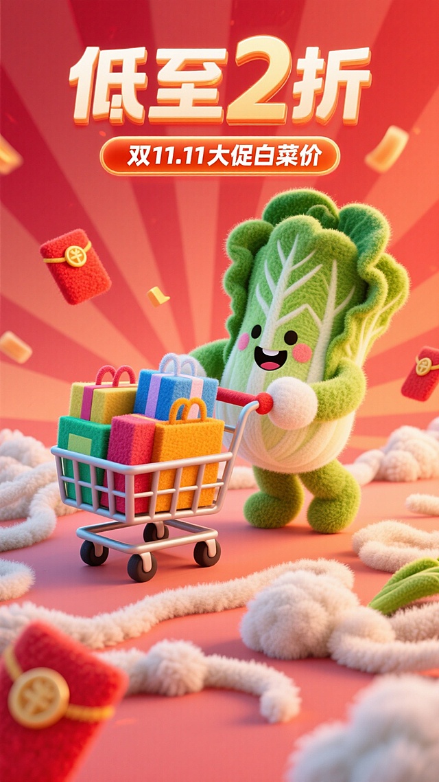 软3D风格白菜拟人推购物车，毛发生长质感与面料纹理结合，卡通可爱，喜庆红橙背景，双11促销氛围浓厚。