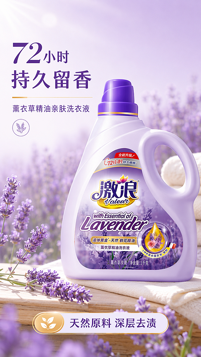 [第1屏] 详情页头图-激浪薰衣草玫瑰精油洗衣液宣传海报。本屏使用【图1】作为商品主体。
[氛围/风格] 清新温馨家居风，薰衣草紫调氛围，商业摄影质感，高级自然氛围感。
[元素布局] 洗衣液产品主体放置在画面中偏右位置，占比约65%；左侧预留主标题区域，背景搭配淡紫色薰衣草花海实景；突出产品瓶身包装结构、薰衣草紫渐变瓶身颜色与输入产品图完全一致。前景搭配几支新鲜薰衣草花枝作为点缀，整体画面干净通透。
[光影质感] 左侧柔光打亮产品瓶身，右侧自然阴影增加立体感，瓶身高光清晰通透，整体明暗层次分明，商品轮廓清晰真实。
[配色色系] 全局底色 #F3F0F8；主色薰衣草淡紫；辅助色米白色背景、深紫色文字、金色装饰。
[视角构图] 正面45°斜视角，产品为绝对视觉中心，阅读动线从左上方标题→中间产品→底部信息条自然流畅。
[文字版式] 版式为左标题+右侧产品+底部信息条。主标题「72小时持久留香」，副标题「薰衣草精油亲肤洗衣液」，左对齐清晰排版；底部信息条标注核心卖点「天然原料 深层去渍」，文字不遮挡主体产品，字号适配移动端清晰可读。
[比例分辨率] 9:16竖版比例，4K分辨率，文字清晰可辨，高清画质。
[负向提示词] 瓶身变形，缺件错件，颜色偏差，包装文字错乱，水印，文字过小，背景杂乱，极限词。