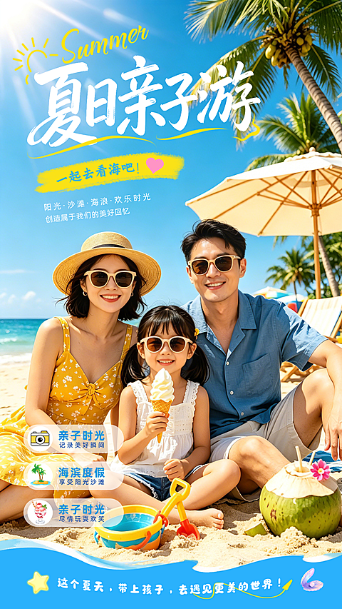 夏季亲子旅游宣传推广夏日风竖版海报