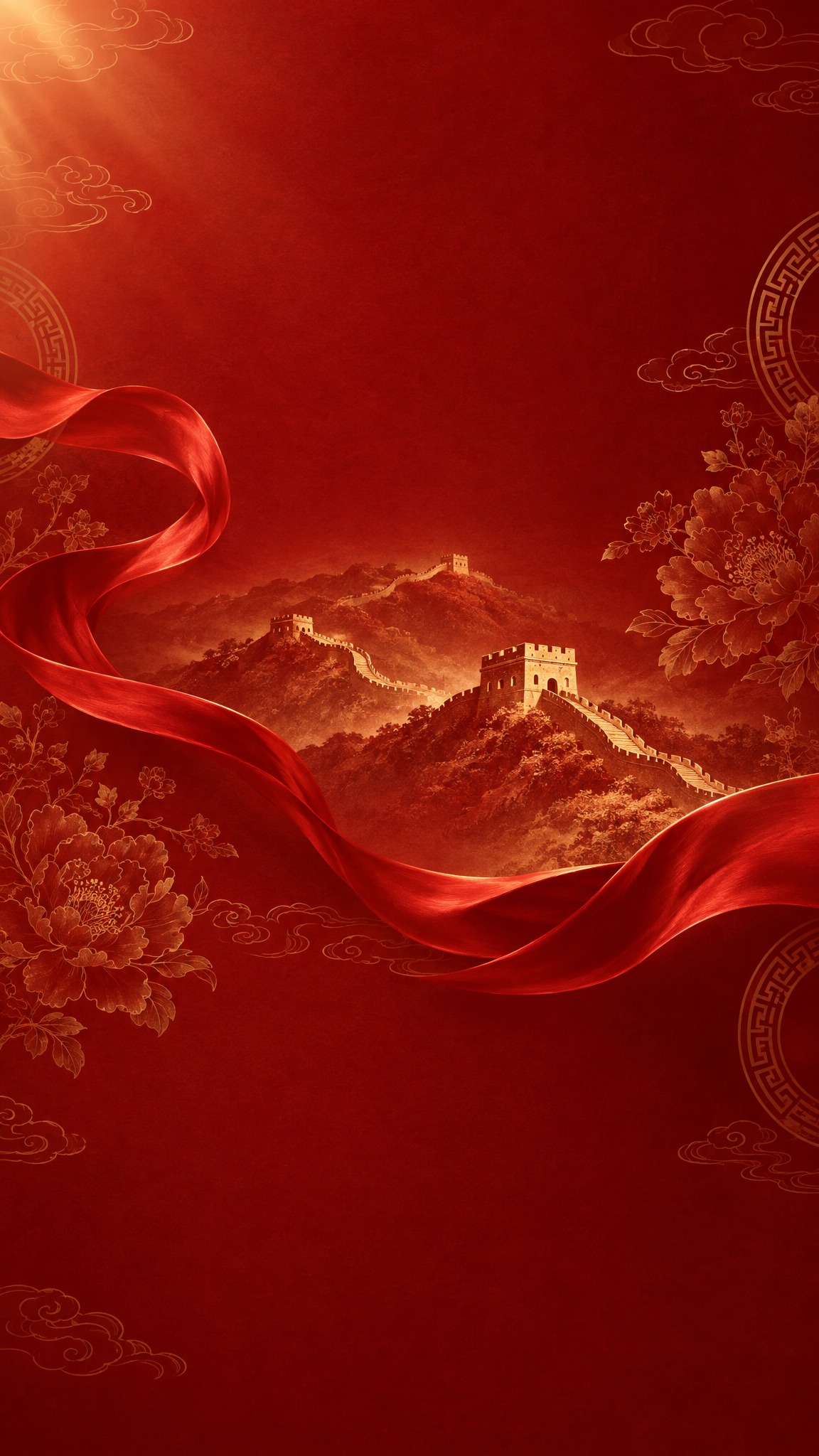 长城国风红色祥云牡丹宣传海报。画面以红色为主色调，展现蜿蜒的长… - 图片创意预览