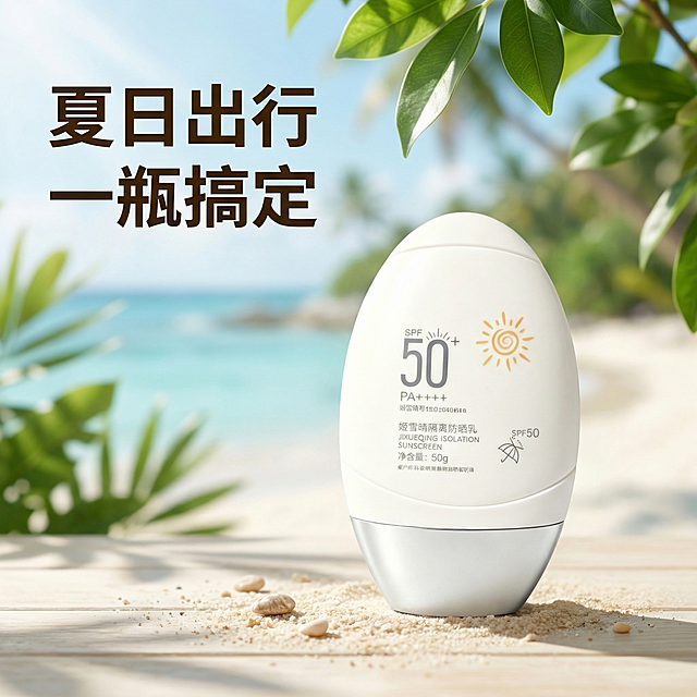 [主图 6] 姬雪晴隔离防晒乳日常使用场景
[氛围/风格] 自然户外，清新夏日氛围感
[画面元素] 商业摄影质感，光线柔和通透，产品清晰真实，画面干净高级。姬雪晴隔离防晒乳放置在画面右下侧前景，背景是虚化的户外海边树荫场景，柔和自然光斑透过树叶洒下，整体氛围干净清新，传递夏日防晒的使用场景，保持产品外观与参考图一致
[配色色系] 主色调：清新浅蓝绿色，辅助色：暖米色、自然绿植色
[视角构图] 前景产品清晰，背景虚化景深效果，层次感强
[文字版式] 左上角主标题“夏日出行 一瓶搞定”大字号粗体深棕色，不遮挡产品主体，保留安全边距
[比例分辨率] 1:1 比例，2k 分辨率，文字清晰可辨，超高清
[负向提示词] 变形，水印，文字错乱，产品图模糊，背景杂乱，绝对化违禁词，夸大描述