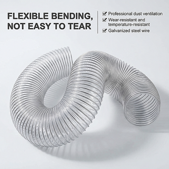 [Main Image 2]
[Product Theme] Flexible Bending Performance Showcase
[Atmosphere/Style] Clear and practical industrial style, professional functional display
[Picture Elements] PVC transparent steel wire hose showing a freely curved shape, placed on a clean light gray background, highlight the arbitrary bending characteristics, the texture of the transparent material and the supporting effect of the internal steel wire are clearly visible, natural soft light from the side, highlight the three-dimensional and flexible feeling
[Color Scheme] Light gray background, transparent hose, main product occupies 60% of the picture space
[Perspective Composition] Flat lay, eye-level perspective, focusing on the bending effect of the product
[Text Layout] Main title "Flexible Bending, Not Easy to Tear" at the top left, bold sans-serif font, dark gray color. Three core advantages are listed on the right: ✓ Professional dust ventilation ✓ Wear-resistant and temperature-resistant ✓ Galvanized steel wire, each point with a checkmark icon, simple layout, text does not block the main body of the product, all text in English
[Proportion Resolution] 1:1 proportion, 2048px resolution