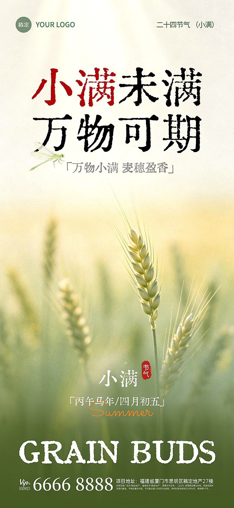 绿色小满清新感节气祝福通用全屏竖版海报
