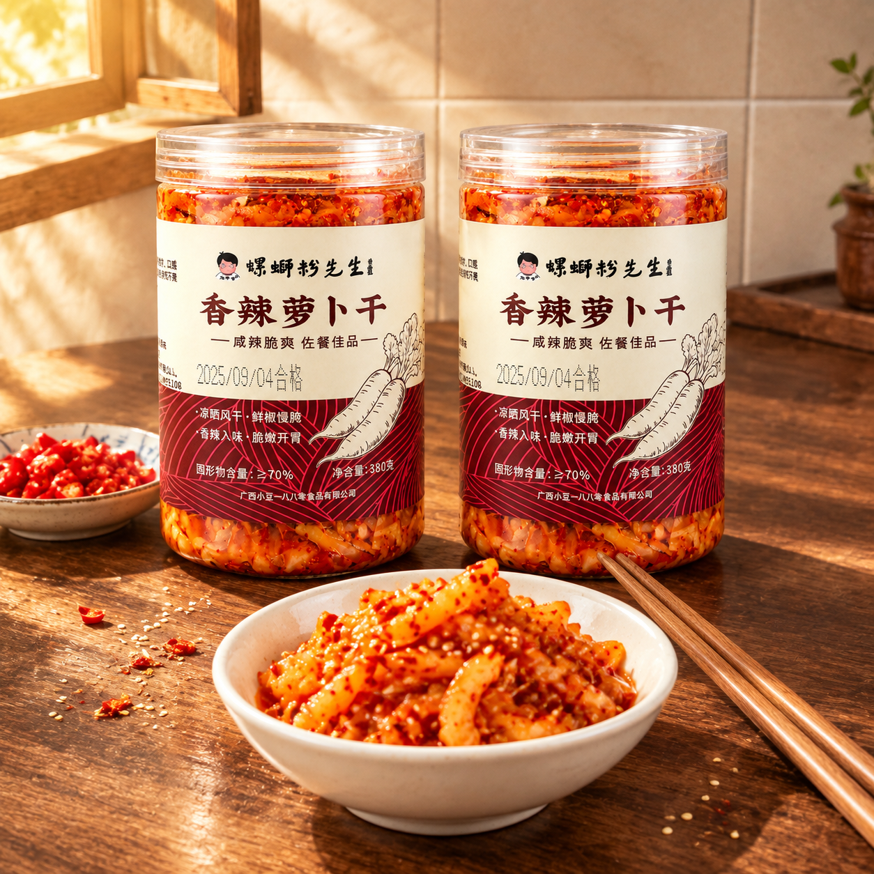 超写实食品商业摄影。 主体：两瓶香辣萝卜干罐装食品严格参照上传… - 图片创意预览