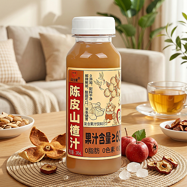 基于原瓶身图片，生成一张陈皮山楂汁淘宝主图，商品为月当家陈皮山楂汁，核心卖点是0添加，配料干净，解辣解腻，酸甜可口，消食健胃，风格为居家休闲场景，干净温馨，适合淘宝平台展示，突出商品和干净配料卖点
