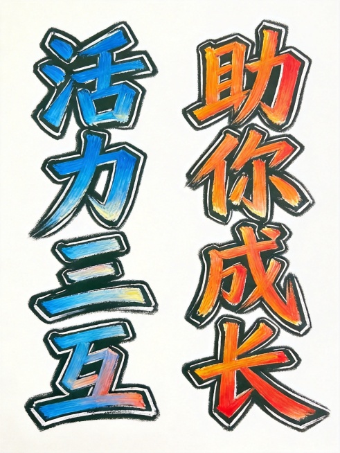 将背景修改为纯白色，保留原字体设计：八个字"活力三互助你成长"竖版双列排列，左列蓝色渐变字，右列橙红色渐变字，带有白色外轮廓，保持黑板粉笔手绘风格和粗壮笔触，仅将深色黑板背景替换为纯白色背景。预览效果