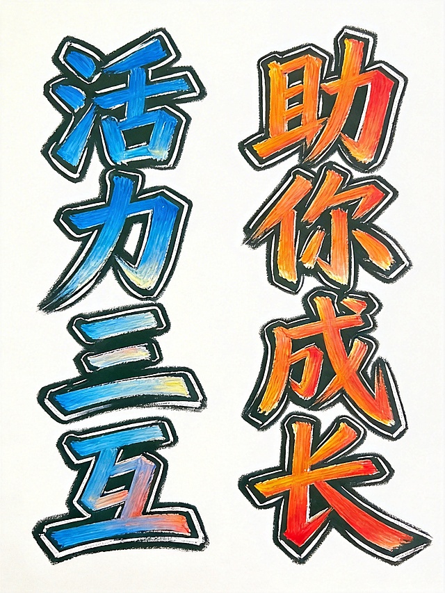 将背景修改为纯白色，保留原字体设计：八个字"活力三互助你成长"竖版双列排列，左列蓝色渐变字，右列橙红色渐变字，带有白色外轮廓，保持黑板粉笔手绘风格和粗壮笔触，仅将深色黑板背景替换为纯白色背景。