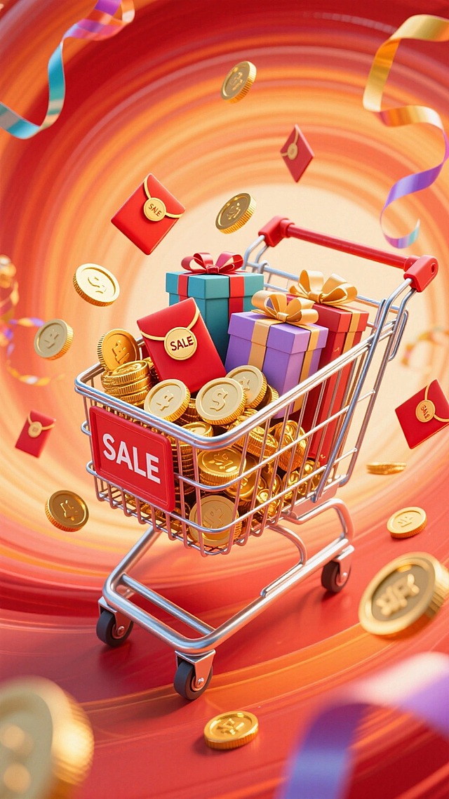 画面中有装满金币、红包、礼盒、带 “SALE” 标签的购物车，周围点缀少量金币、红包、彩带等元素，背景是红橙渐变的漩涡，俯视