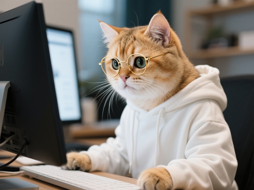 一只母的金渐层猫，戴着金丝边眼镜，穿着白色的卫衣，正专注地看着电脑屏幕，脸上带着焦虑的表情，仿佛在打工，场景逼真，照片质感预览效果