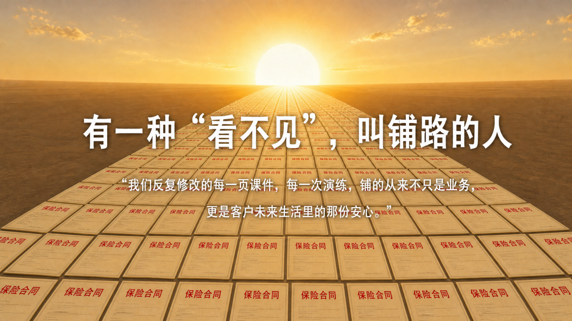 在此图基础上修改：1. 调大图片上所有文字的字体大小；2. 将合同上“保险合同”字样修改为红色字体；3. 把铺满道路的合同区域调窄，保留原有的日出背景和所有文案内容，保持图片比例为16:9预览效果