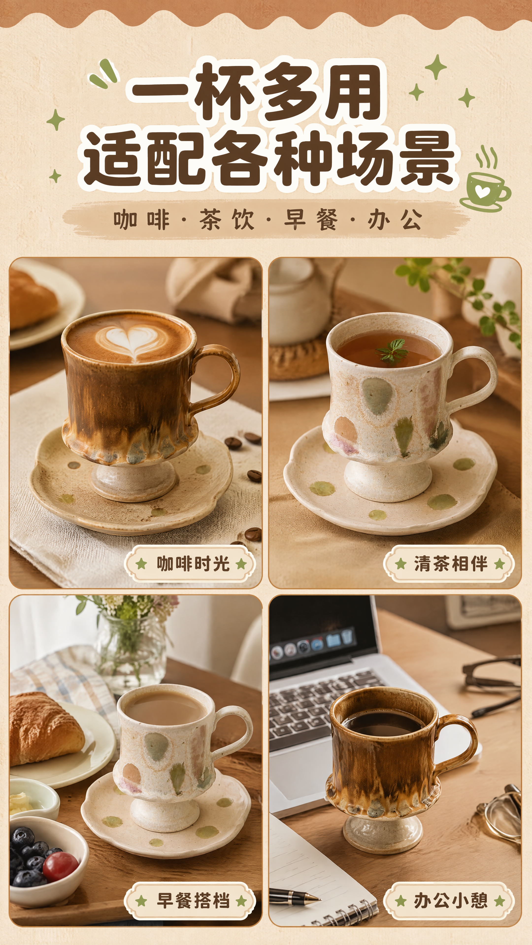 [商品] 使用【图4】粉绿波点款和焦糖款陶瓷咖啡杯；保留各款杯… - 图片创意预览