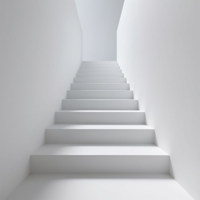 极简主义风格的白色台阶，台阶从底部向上延伸直至消失在视野顶端，形成强烈的纵深感和透视效果，台阶边缘线条清晰锐利，表面光滑平整，整体呈现出简洁、干净、纯粹的视觉感受，背景为纯白色，无任何其他元素干扰，光线柔和均匀，照亮整个台阶，营造出宁静、空旷、具有延伸感的氛围。预览效果