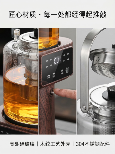 新中式禅意风材质细节图，严格还原上传的煮茶器产品图，包括包装设计、颜色、LOGO位置、文字内容、图案元素等所有细节，产品在真实物理空间里与其他物体的大小关系视觉协调，产品比例1:1。主标题“匠心材质预览效果