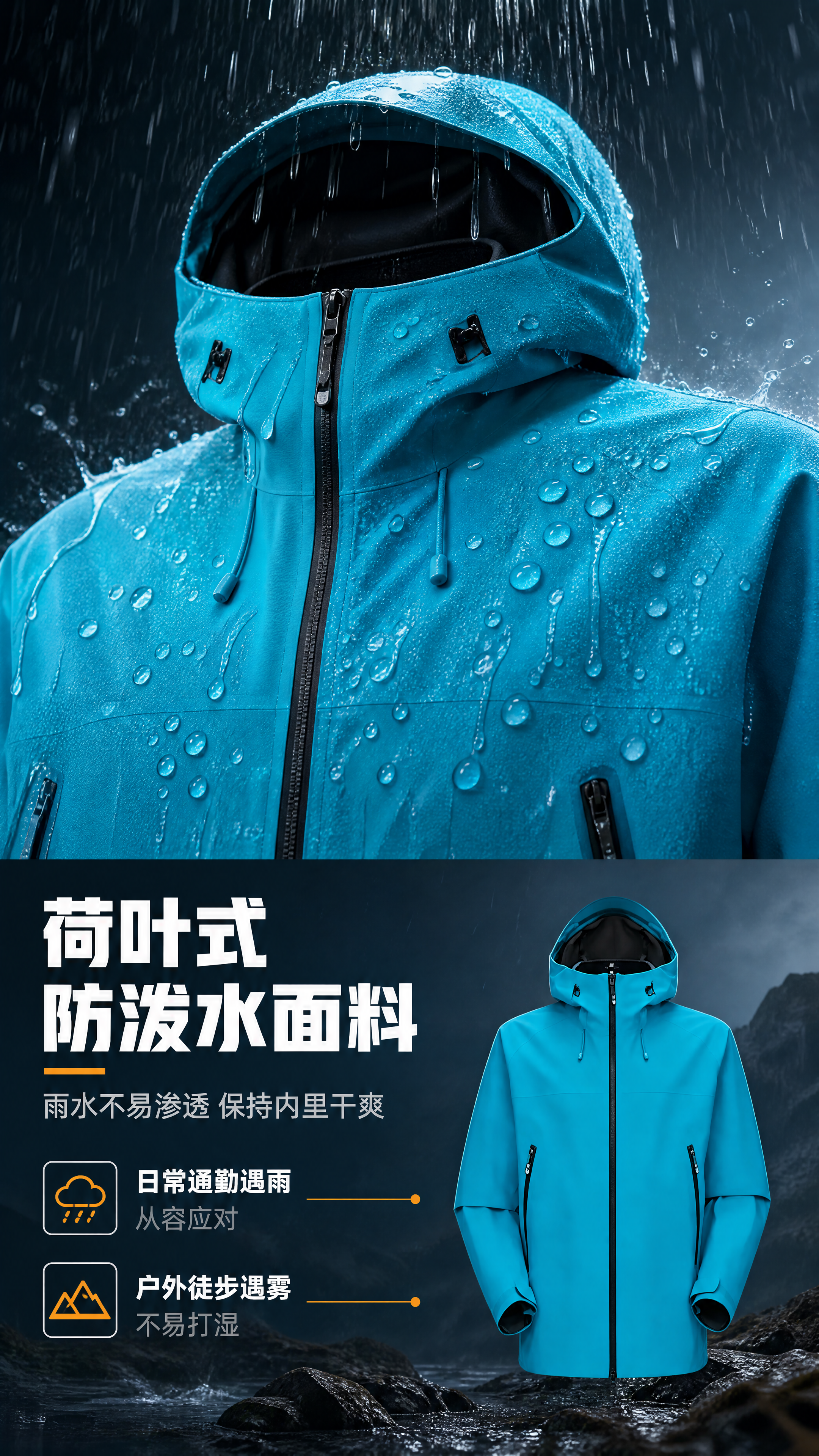 [商品] 使用【图1】湖蓝色连帽冲锋衣；商品处理：保留连帽、拉… - 图片创意预览