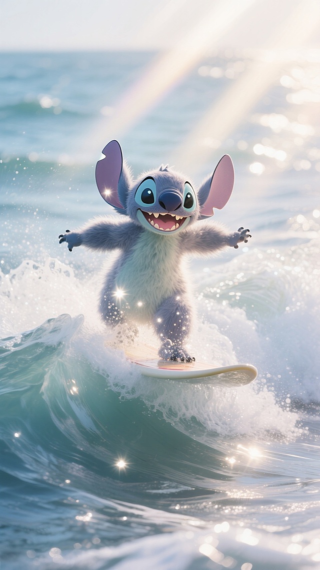 史迪奇在海浪中冲浪，可爱清新，充满夏日欢乐氛围。