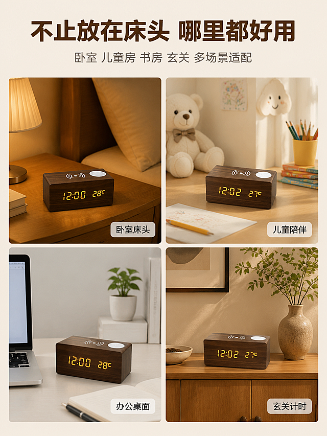[第7屏] 多场景使用拼图屏-四大生活场景展示。本屏使用【图1】【图4】作为不同场景的产品参考。
[氛围/风格] 场景化拼图 生活方式感 温馨真实 商业摄影质感；
[元素布局] 画面采用2×2四宫格拼图布局，每格一个独立生活场景。左上格：卧室床头场景，夜晚暖光，闹钟放在床头柜上；右上格：儿童房场景，可爱的儿童房布置，闹钟在孩子书桌旁；左下格：书房办公场景，简约书桌，闹钟作为桌面时钟和充电器；右下格：客厅玄关场景，闹钟放在玄关柜上。每个场景中的闹钟都是深棕色木纹款，外观与产品图一致。**保持每个场景中闹钟的外观结构、木纹颜色、顶部部件与输入产品图完全一致，杜绝变形色差**。每格中闹钟占比约20-30%，融入场景。
[光影质感] 四个场景各自独立光影，左上暖黄夜灯 右上明亮自然光 左下冷白办公光 右下温暖玄关光；整体统一柔和质感。
[配色色系] 全局底色 #F7F2EB 暖米色边框；四格场景各自色调丰富但协调；主色深棕贯穿四格。
[视角构图] 2×2等分布局，每格独立场景，阅读动线从左上到右下，展示产品多场景适配性。
[文字版式] 顶部大标题「不止放在床头 哪里都好用」深棕色大号粗体 居中；副标题「卧室 儿童房 书房 玄关 多场景适配」深灰色中号 居中。每格右下角有场景标签，白色半透明圆角底+深棕色文字：「卧室床头」「儿童陪伴」「办公桌面」「玄关计时」。标签小而精致，不遮挡主体。
[比例分辨率] 3:4竖版比例，4K分辨率，文字清晰可辨。
[负向提示词] 变形 水印 文字错乱 产品模糊 场景违和 闹钟变形。