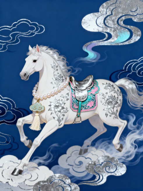 烫银工艺，一只鎏印镶玉的生肖马插画，侧面完整马，马身主色调为月白色，布满银线缠枝莲暗纹；装饰细节包括：淡水珍珠串链、鎏印祥云挂饰（搭配米白绒布流苏，在挂在胸链上）、掐丝珐琅鞍具（融合银、青、粉色调），预览效果