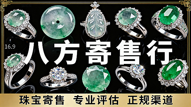 参考原图风格，黑色背景金色边框，大字标题“八方寄售行”，展示多款高端翡翠玉器钻戒，底部文字“珠宝寄售 专业评估 正规渠道”，写实奢华摄影风格，16:9横版构图