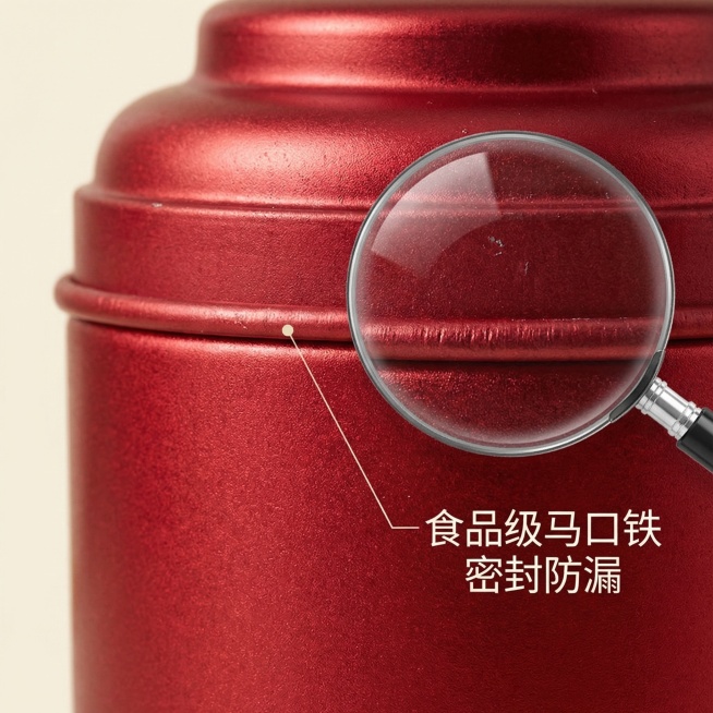 金属茶叶罐，微距放大展示马口铁材质表面纹理和密封罐口细节，凸显材质厚实做工精致，浅纯色背景，柔和侧光突出金属细腻质感，放大镜效果聚焦密封盖边缘，引线标注密封设计，文字说明“食品级马口铁 密封防漏”，整预览效果