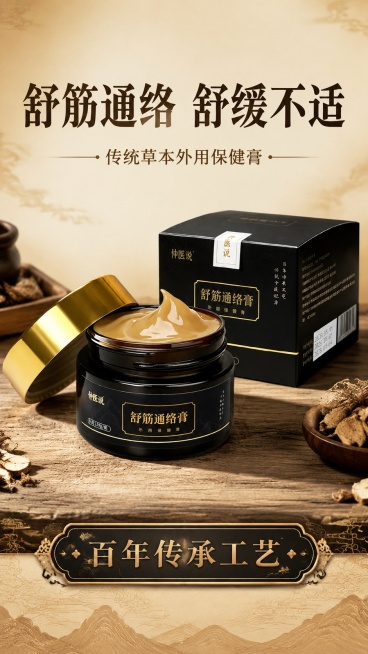 [第1屏] 舒筋通络膏产品海报头图，本屏使用【图1】作为商品主体。
[氛围/风格] 传统养生沉稳风格，商业摄影质感，黑金色调高级感，接地气符合拼多多平台风格
[元素布局] 产品主体放置于画面中偏上位置预览效果