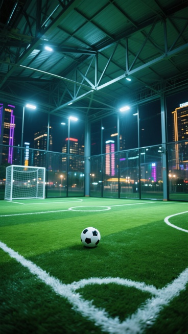 在夜晚城市霓虹灯光映照下的五人制室内足球场，绿色人工草坪泛着微光，四周是透明玻璃围挡，场外可见模糊的城市夜景灯光，场地中央有一个足球，低角度仰拍视角，金属结构的屋顶框架在灯光下呈现冷色调，高对比度，写实主义摄影风格，清晰锐利的细节，光影交错的地面，营造出现代都市夜生活的活力氛围。预览效果