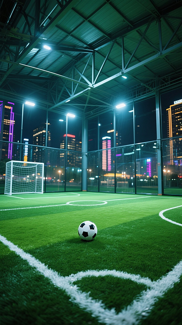 在夜晚城市霓虹灯光映照下的五人制室内足球场，绿色人工草坪泛着微光，四周是透明玻璃围挡，场外可见模糊的城市夜景灯光，场地中央有一个足球，低角度仰拍视角，金属结构的屋顶框架在灯光下呈现冷色调，高对比度，写实主义摄影风格，清晰锐利的细节，光影交错的地面，营造出现代都市夜生活的活力氛围。