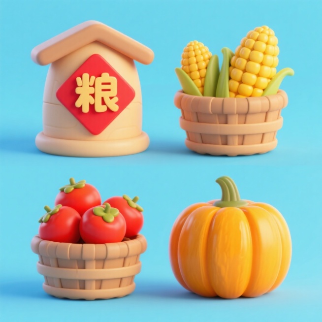 4个中秋素材组合，可爱电商促销感。素材包括：第一个粮仓（贴着带有 “粮” 字的红色菱形福字）；第二个一筐玉米；第三个一筐柿子；第四个南瓜。画面整体呈现鲜艳效果，淡蓝色背景。上下两行，排列整齐预览效果