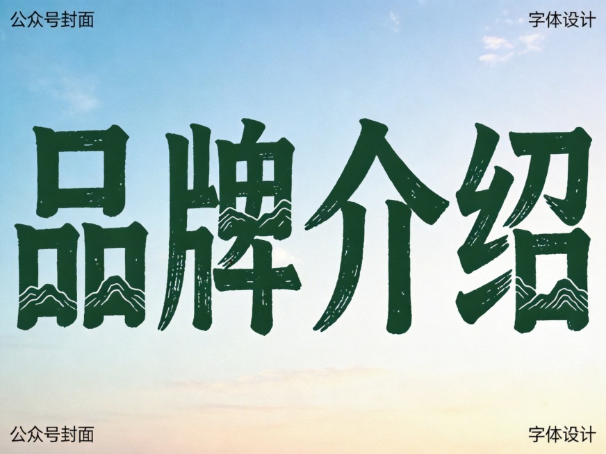 浅蓝渐变天空背景。平面艺术字体设计，四个主体文字"品牌介绍"，所有文字单行横向排列，户外旅行风，笔画融入山川轮廓元素，字体为自然肌理质感，主体色为深墨绿色。仅包含四个字："品"、"牌"、"介"、"绍"预览效果