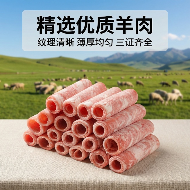 [主图 2] 品质溯源核心亮点展示
[氛围/风格] 生鲜牧场风格，自然户外光线，真实可信。
[画面元素] 保持原图羊肉卷的外观纹理完全一致，背景融合天然牧场场景，远处可见青青草原和成群绵羊，羊肉卷放在预览效果