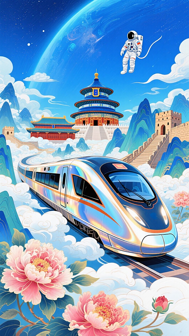 画面中心一辆高铁驶来，天坛、故宫、长城、若隐若现的崇山峻岭、牡丹花、云、宇航员元素，色彩浓郁鲜艳，蓝色背景