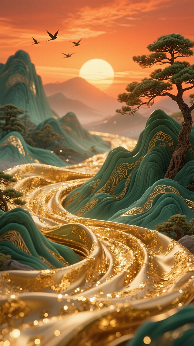 金色与落日橙交织的飘逸绸缎如流水般环绕，其上点缀着璀璨金箔与细碎光点，托起层叠起伏的青绿山水，山体纹理细腻并饰有金色纹路，山间挺立着苍劲青松，背景中落日余晖洒落，染红天际，几只飞鸟掠过山峦，整体呈现出中式典雅的3D立体效果，光影柔和，色彩浓郁且和谐，营造出华丽而宁静的氛围。