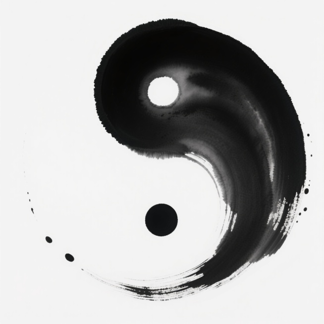 一个以白色为背景的太极图案，采用水墨画风格，以浓淡不一的黑色、灰色墨色晕染而成，呈现出自然流淌的水墨质感和丰富的层次感。太极图案的阴阳两部分由流畅的曲线分隔，边缘带有自然的墨晕和飞溅的墨点效果，展现出灵动飘逸的动态感，整体构图平衡对称，营造出宁静而富有哲思的东方韵味。预览效果