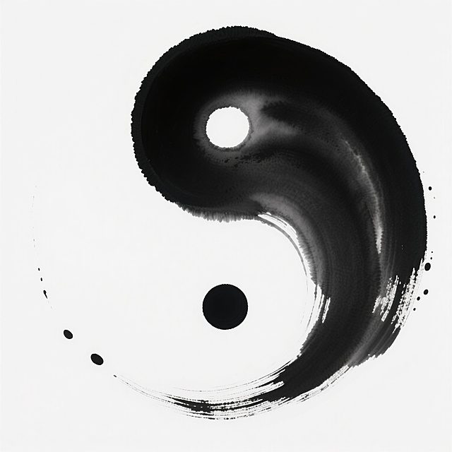 一个以白色为背景的太极图案，采用水墨画风格，以浓淡不一的黑色、灰色墨色晕染而成，呈现出自然流淌的水墨质感和丰富的层次感。太极图案的阴阳两部分由流畅的曲线分隔，边缘带有自然的墨晕和飞溅的墨点效果，展现出灵动飘逸的动态感，整体构图平衡对称，营造出宁静而富有哲思的东方韵味。