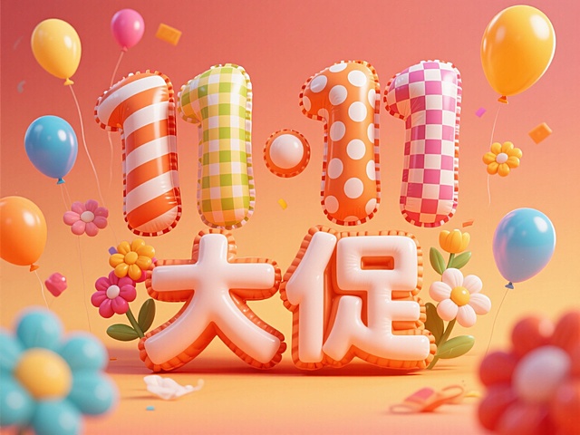 暖色系渐变背景下的创意海报，以充气3D字母“11·11 大促”为视觉焦点，字母采用高饱和暖色调，表面有条纹、波点、格纹等多样图案纹理，呈现出柔软膨胀的气球质感，周围点缀彩色气球和花朵装饰元素，整体构图主次分明，色彩明快活泼，营造出热烈欢快的促销氛围，符合节日促销海报的视觉传达需求。