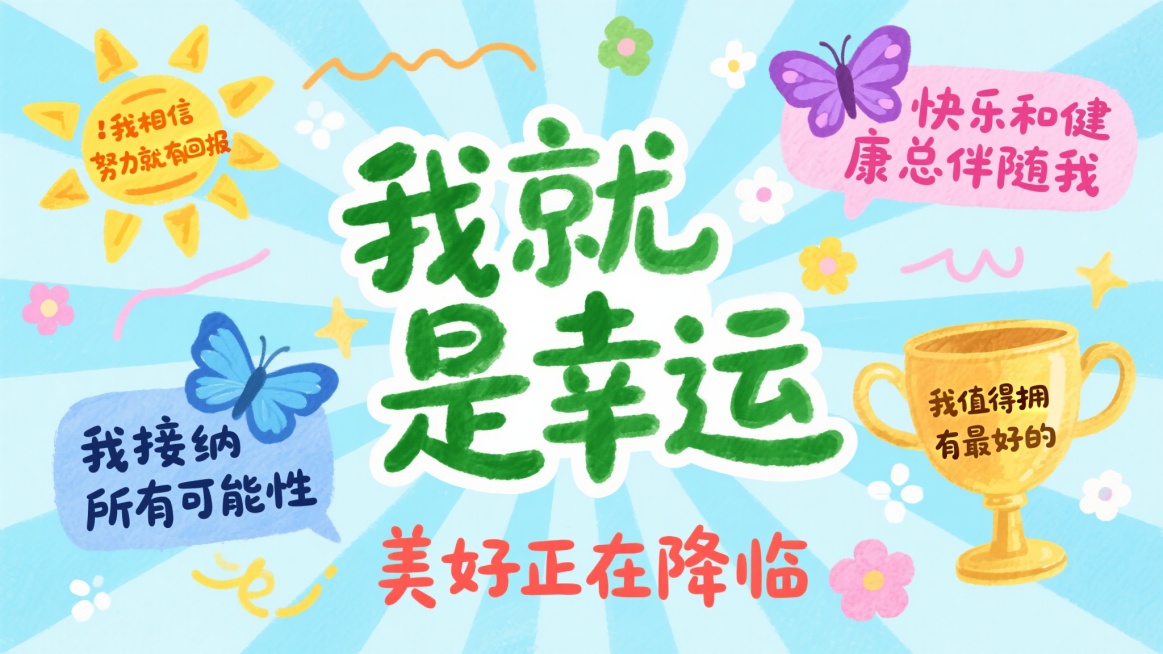 清新手绘水彩风格励志海报，整体布局采用中心放射状排列，以柔和的浅蓝色为背景基调，中央是醒目的大号绿色毛笔字体"我就是幸运"，字体边缘略带晕染效果。四周环绕多个彩色文字气泡：左上角黄色太阳旁配橙色文字"我相信努力就有回报"，右上角紫色蝴蝶装饰下是粉色文字"快乐和健康总伴随我"，左下角蓝色蝴蝶旁边是深蓝色文字"我接纳所有可能性"，右下角金色奖杯图案旁为棕色文字"我值得拥有最好的"，底部中央是红色文……预览效果