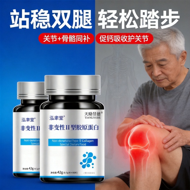 制作一张保健品海报，整体风格专业现代，主色调为蓝色。画面左侧：2瓶瓶身，主瓶靠前，使用图中的泓聿堂非变性II型胶原蛋白瓶身；画面右侧：中老年男性膝盖特写，膝盖处用红色光晕高亮关节位置，背景为灰调的人体预览效果