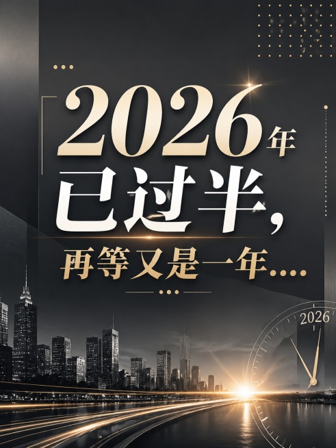 现代商务专业风格图片，画面中心有醒目突出的大标题文字"2026年已过半，再等又是一年...."，标题排版有格调且富有视觉冲击力，画面添加简约精致的装饰小点缀，整体风格高级沉稳，色调偏商务深灰与浅金搭配预览效果