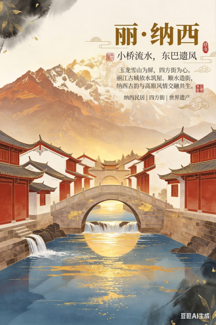 在这张丽江古城玉龙雪山国金水彩画图片上，按要求添加文字排版：主标题'丽・纳西'使用粗黑体或宋体，副标题'小桥流水，东巴遗风'使用细体，正文文案'玉龙雪山为屏，四方街为心。丽江古城依水筑屋、顺水造街，纳预览效果