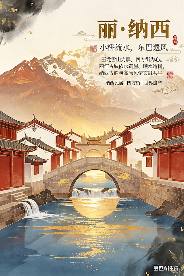 在这张丽江古城玉龙雪山国金水彩画图片上，按要求添加文字排版：主标题'丽・纳西'使用粗黑体或宋体，副标题'小桥流水，东巴遗风'使用细体，正文文案'玉龙雪山为屏，四方街为心。丽江古城依水筑屋、顺水造街，纳西古韵与高原风情交融共生。'使用小字号灰色，保留关键词纳西民居、四方街、世界遗产。添加中式线条、印章、水墨边角装饰，整体保持国风意境，文字排版美观，不遮挡石桥流水和雪山主体，配色与画面暖调协调。