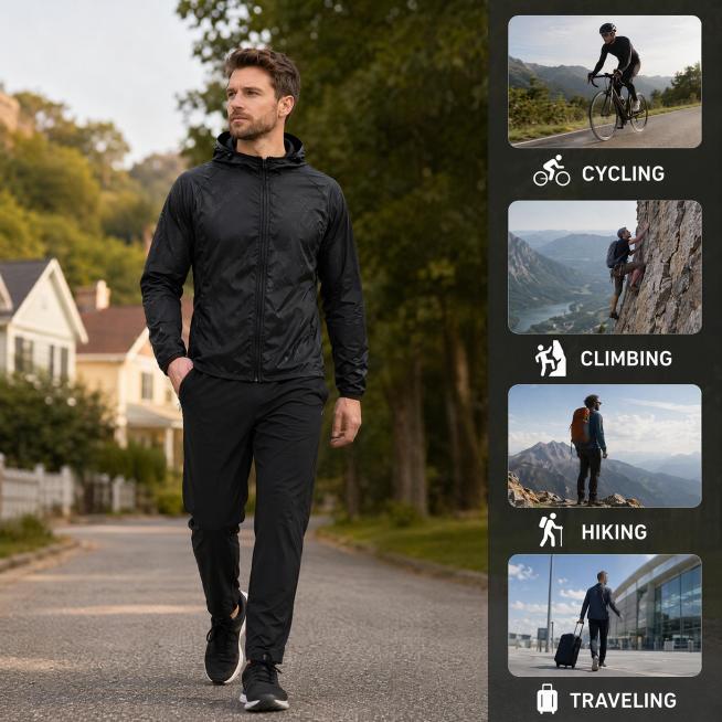 [Main Image 3] Multi-scenario adaptation display of men's black lightweight jacket. Left side is a f预览效果