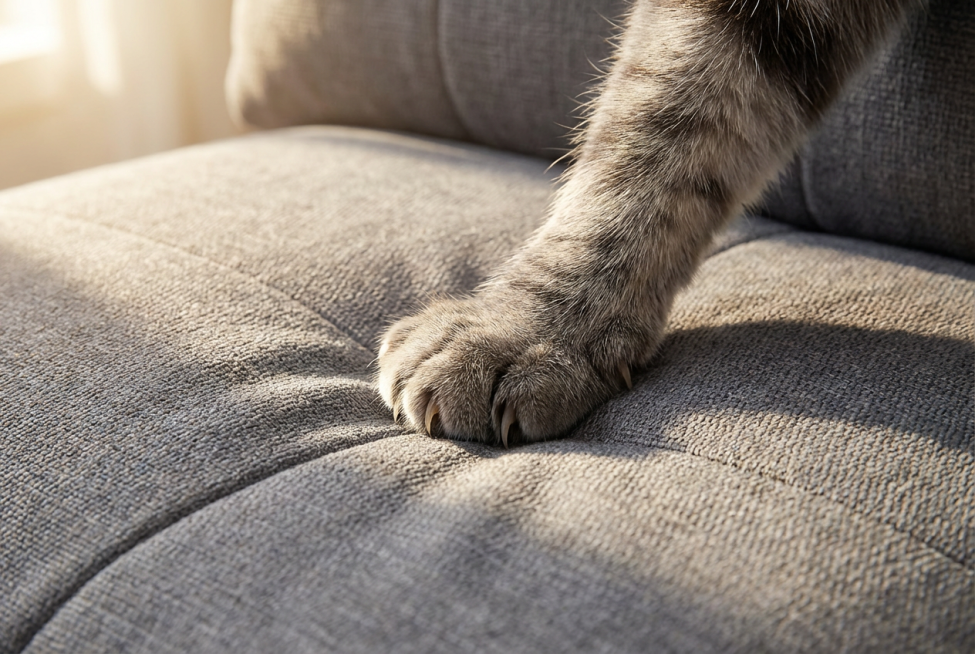 将图2的猫爪和图1的沙发结合，呈现出猫爪按压在沙发上的图预览效果