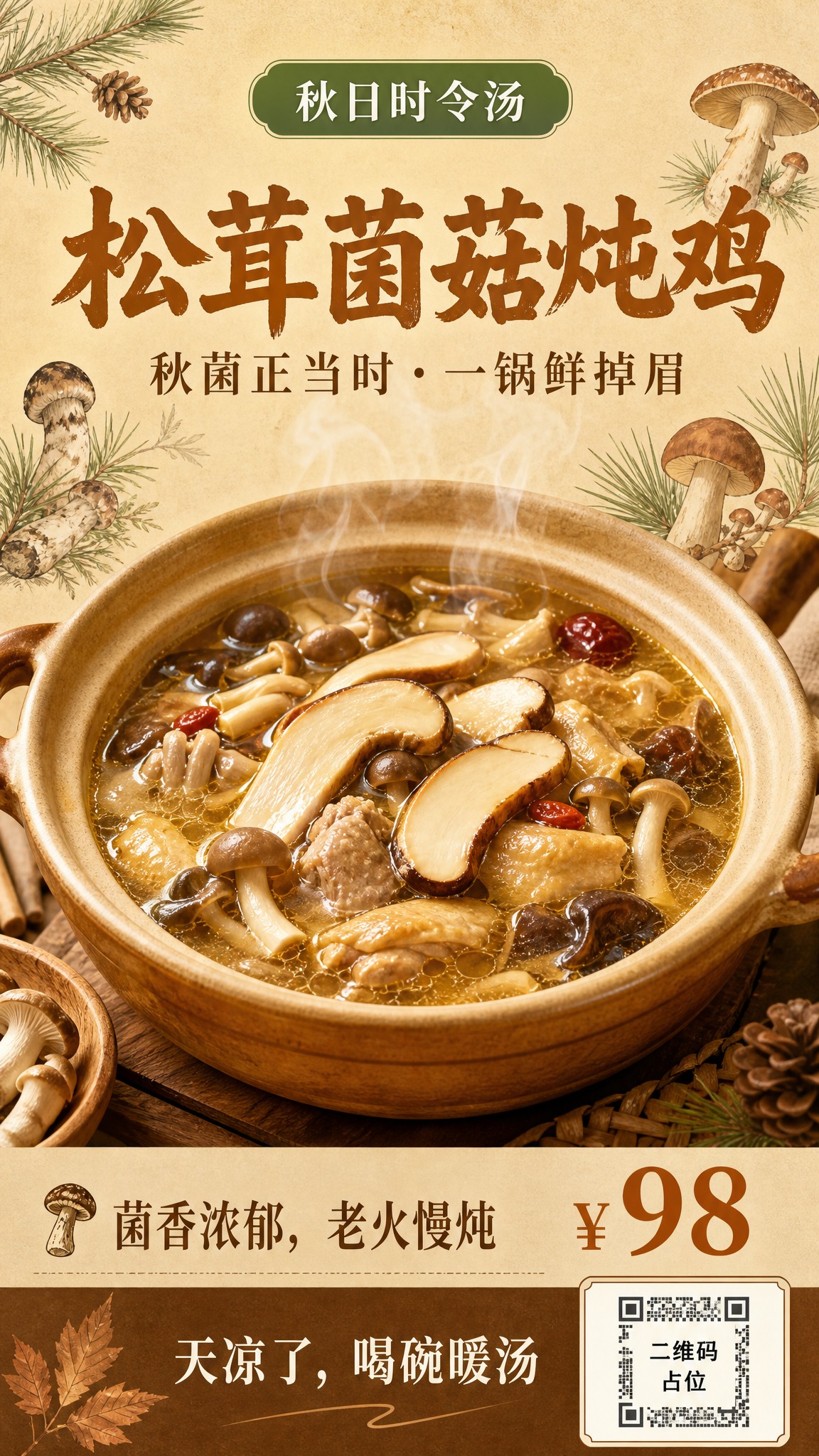 竖版秋季汤品海报，暖米色与木质棕调配色，温馨治愈氛围。背景为暖… - 图片创意预览