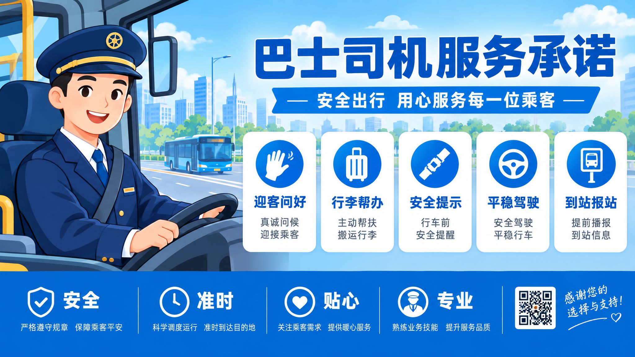城市公共交通服务宣传海报，横版16:9。左侧是卡通风格的巴士司… - 图片创意预览